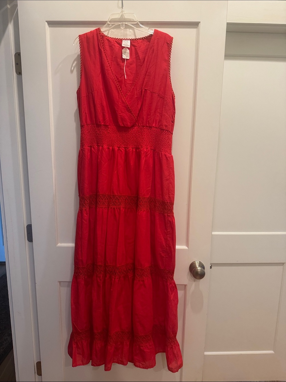 Sleeveless Red Maxi Dress with Smocked Waist and V-Neck